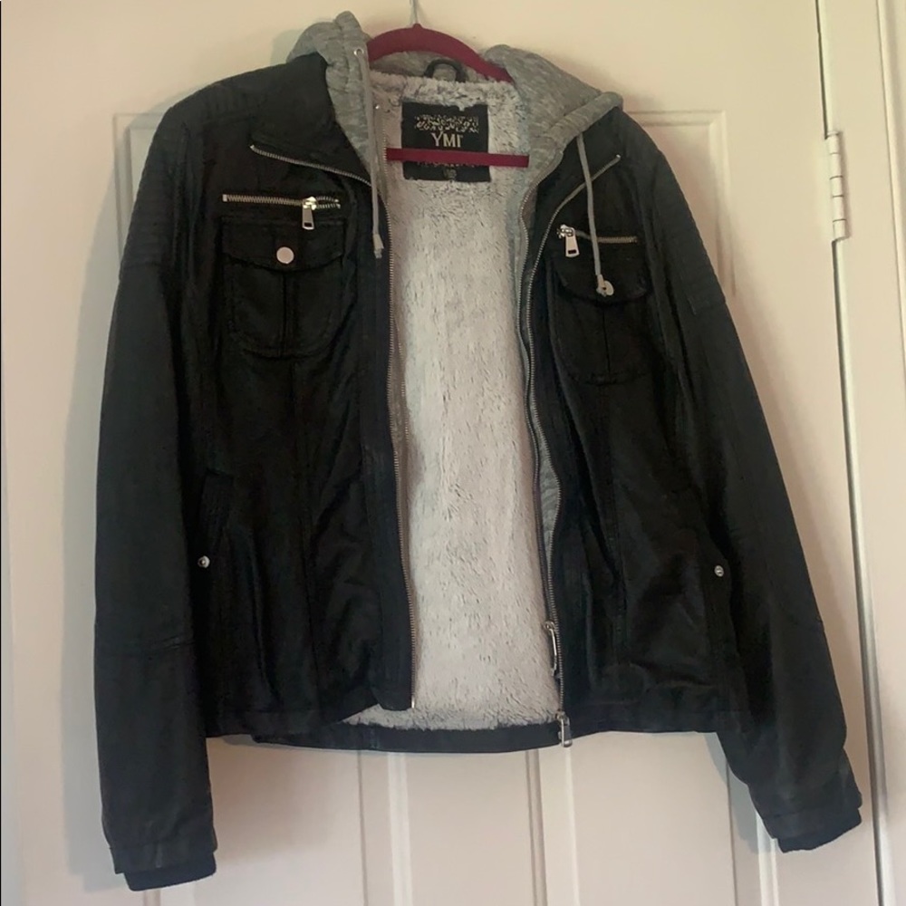 Black leather jacket with hood